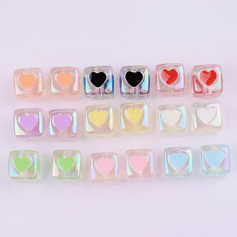 Irisierende Transparente Herz Würfel Acryl Perlen Galvanisierte Emaille Quadratische Perlen Für DIY Schmuckherstellung Schlüsselanhänger Zubehör