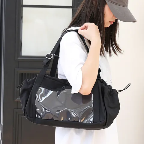 Korean Style Nylon Ruffled Drawstring Shoulder Bag For Women Fashion Transparent PVC Spliced Underarm Pillow Bag Casual Ita Bag