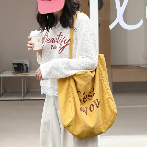 Korean Style Linen Tote Bag Large Capacity Letter Print Canvas Shoulder Bag For Women Casual Versatile Shopper Bag Mori Fashion Handbag