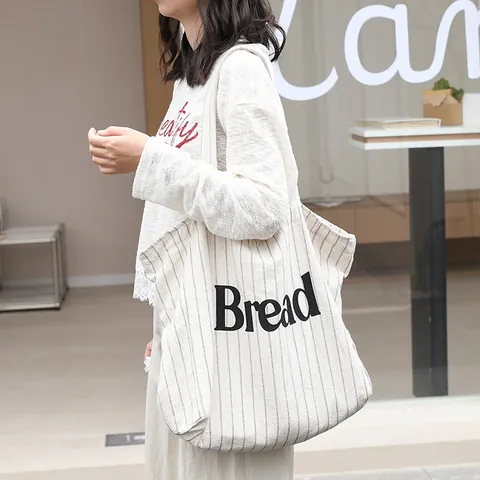 Dames Katoen Linnen Gestreepte Draagtas Retro Bread Letter Bedrukt Canvas Schoudertas Grote Capaciteit Casual Handtas