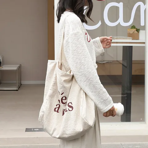 Korean Style Linen Tote Bag Large Capacity Letter Print Canvas Shoulder Bag For Women Casual Versatile Shopper Bag Mori Fashion Handbag