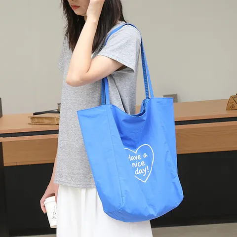 Korean Style Nylon Printed Heart Letter Tote Bag Large Capacity Casual Shoulder Bag For Women Travel Shopping Handbag