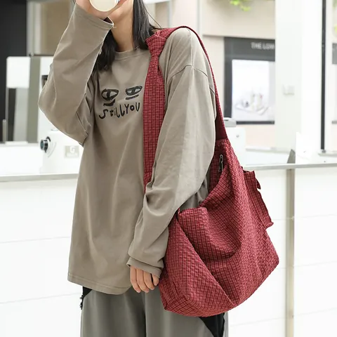 Japanese Casual Plaid Nylon Messenger Bag Large Capacity Knot Strap Crossbody Bag Ins Style Check Pattern Shoulder Bag Women Daily Bag