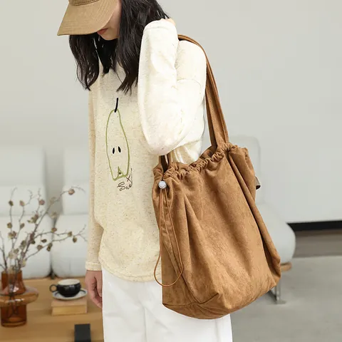 Women Japan Style Casual Suede Tote Bag Ins Fashion Drawstring Pleated Shoulder Bag Large Capacity Handbag Minimalist Bag