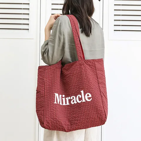 Japanese Casual Plaid Tote Bag Reversible Lightweight Nylon Handbag Miracle Letter Print Women Large Capacity Shoulder Bag