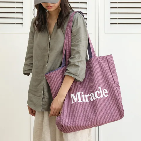 Japanese Casual Plaid Tote Bag Reversible Lightweight Nylon Handbag Miracle Letter Print Women Large Capacity Shoulder Bag