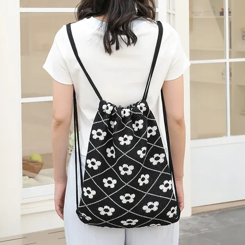 Koreanischer Freizeit Baumwolle Gewebter Rucksack Für Damen Ins Mode Blumenmuster Kordelzug Schultertasche Alltags Schultasche