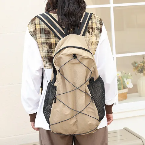 Mochila de Nylon Ligera de Estilo Coreano Informal Malla Contraste Cordón Elástico Escolar para Viajes Estudiantes Gran Capacidad