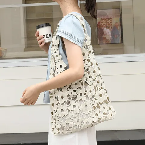Women Lace Hollow Floral Shoulder Bag With Drawstring Inner Pouch Korean Artistic Style Underarm Tote Bag