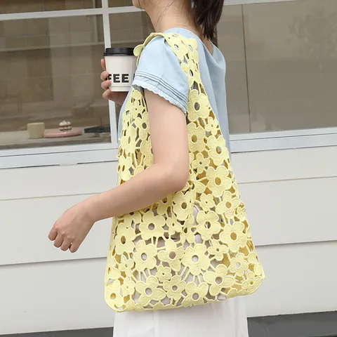 Women Lace Hollow Floral Shoulder Bag With Drawstring Inner Pouch Korean Artistic Style Underarm Tote Bag