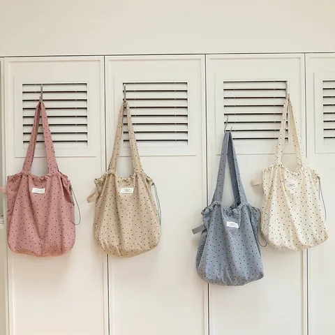 Japanese Casual Polyester Cotton Canvas Tote Bag Polka Dot Print Drawstring Pleated Shoulder Bag For Women Large Capacity Handbag