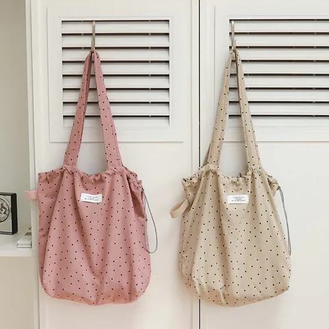 Japanese Casual Polyester Cotton Canvas Tote Bag Polka Dot Print Drawstring Pleated Shoulder Bag For Women Large Capacity Handbag
