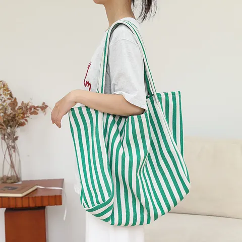 Large Capacity Striped Canvas Tote Bag Korean Style Simple Minimalist Shoulder Bag For Women School Commute Daily Use