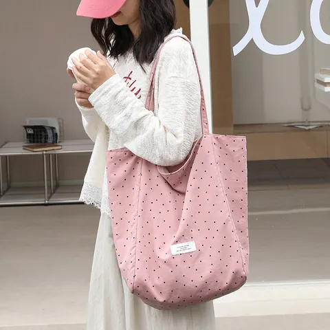Japanese Casual Women Polka Dot Nylon Tote Bag Large Capacity Lightweight Shoulder Bag Letter Print Top Handle Handbag