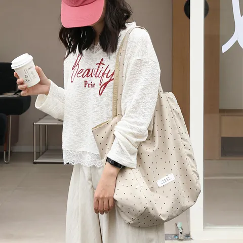Japanese Casual Women Polka Dot Nylon Tote Bag Large Capacity Lightweight Shoulder Bag Letter Print Top Handle Handbag