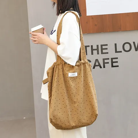 Women Polka Dot Canvas Tote Bag Casual Drawstring Shoulder Bag Large Capacity Literary Style Handbag For Daily Shopping Travel