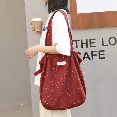Women Polka Dot Canvas Tote Bag Casual Drawstring Shoulder Bag Large Capacity Literary Style Handbag For Daily Shopping Travel