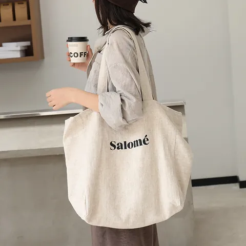 Japanese Literary Style Cotton Linen Tote Bag Large Capacity Letter Print Shoulder Bag For Women Daily Casual Handbag