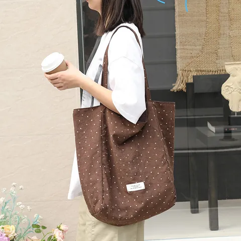 Women Japanese Polka Dot Canvas Tote Bag Fashion Letter Print Nylon Shoulder Bag Large Capacity Daily Shopping Handbag