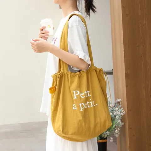 Korean Cotton Linen Drawstring Tote Bag For Women Casual Letter Printed Large Capacity Pleated Shoulder Bag Handbag