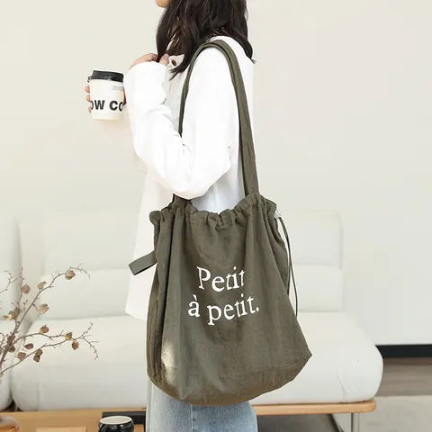 Korean Cotton Linen Drawstring Tote Bag For Women Casual Letter Printed Large Capacity Pleated Shoulder Bag Handbag