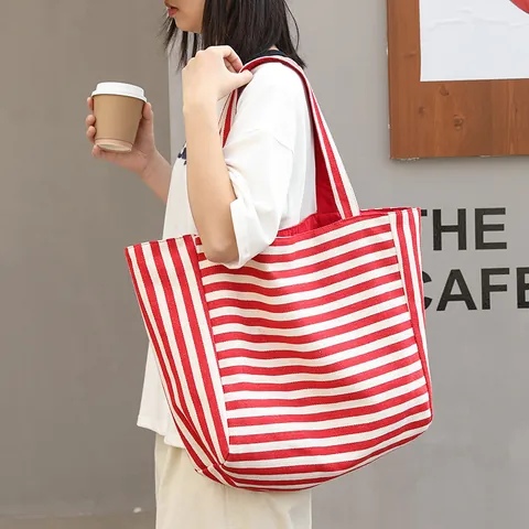 Japanese Style Casual Stripe Tote Bag Women Large Capacity Nylon Shoulder Bag With Just Chilling Letter Print Handbag