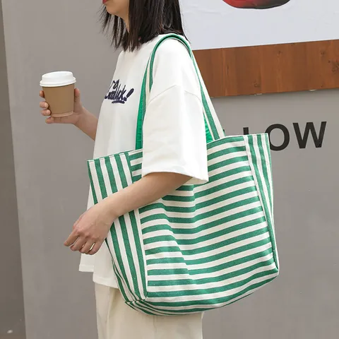 Japanese Style Casual Stripe Tote Bag Women Large Capacity Nylon Shoulder Bag With Just Chilling Letter Print Handbag