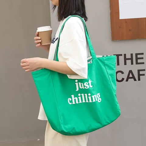 Women Large Capacity Nylon Tote Bag Letter Print Striped Canvas Lining Casual Shoulder Handbag For Daily Shopping Travel