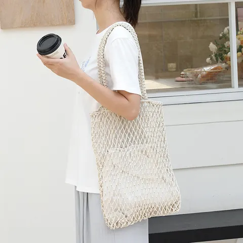 Bolso de Playa de Rejilla Tejida Moda Coreana para Mujer de Cuerda de Algodón Calado Bolso de Hombro Con Bolsa Interior de Cordón Casual Tote