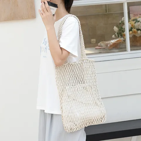 Bolso de Playa de Rejilla Tejida Moda Coreana para Mujer de Cuerda de Algodón Calado Bolso de Hombro Con Bolsa Interior de Cordón Casual Tote