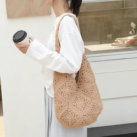 Sac à Bandoulière en Coton Tissé à la Main Style Japonais Minimaliste Sac de Plage au Crochet Sac Hobo pour Femmes