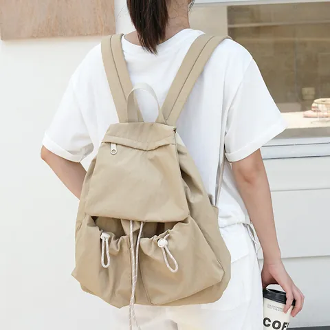 Mochila de Nailon de Estilo Coreano para Mujer Gran Capacidad Cordón Plisada Mochila Escolar Casual de Viaje Caqui Negro Blanco
