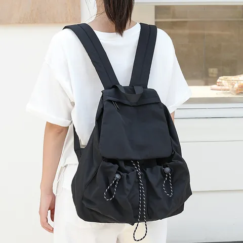 Mochila de Nailon de Estilo Coreano para Mujer Gran Capacidad Cordón Plisada Mochila Escolar Casual de Viaje Caqui Negro Blanco
