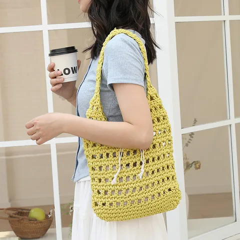 Hand Woven Cotton Underarm Bag For Women Fashion Hollow Out Drawstring Shoulder Bag With Inner Pouch Casual Woven Tote Bag