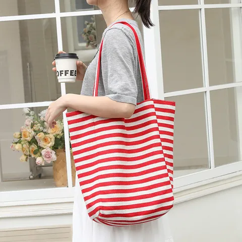 Women's Japanese Style Striped Canvas Tote Bag Large Capacity Casual Shoulder Bag Color Blocking Shopper Bag Handbag
