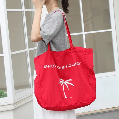 Japanese Casual Nylon Tote Bag Large Capacity Fashion Letter Palm Tree Print Shoulder Bag INS Holiday Beach Handbag