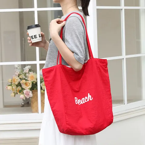 Korean Large Capacity Nylon Tote Bag Women Beach Letter Print Canvas Shoulder Bag Travel Shopping Handbag