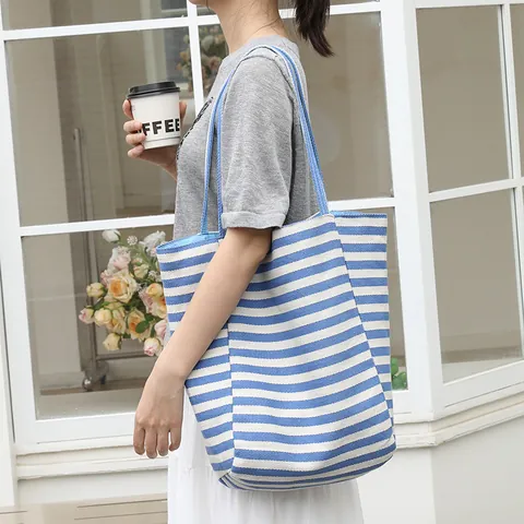 Women's Japanese Style Striped Canvas Tote Bag Large Capacity Casual Shoulder Bag Color Blocking Shopper Bag Handbag