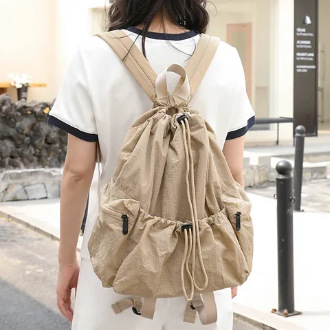 Japanese Style Casual Plaid Nylon Backpack Fashion Drawstring Pleated School Bag Large Capacity Grid Texture Travel Rucksack For Women