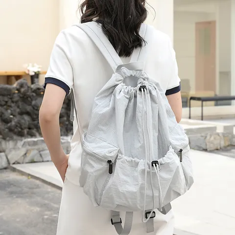 Japanese Style Casual Plaid Nylon Backpack Fashion Drawstring Pleated School Bag Large Capacity Grid Texture Travel Rucksack For Women