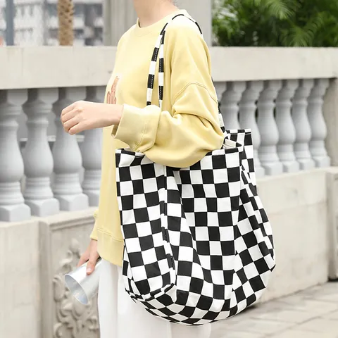 Women Japanese Style Casual Canvas Tote Bag Large Capacity Letter Printed Plaid Shoulder Bag For Ladies Daily Versatile Handbag