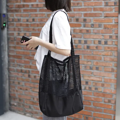 Bolso de Hombro de Lona de Malla Calada de Moda Coreana Bolso Tote de Gran Capacidad para Mujer Playa Compras Casual