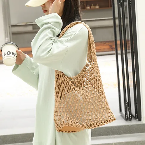 Women Casual Cotton Woven Hollow Underarm Bag Fashion Grid Messenger Shoulder Bag With Drawstring Inner Pouch Korean Style