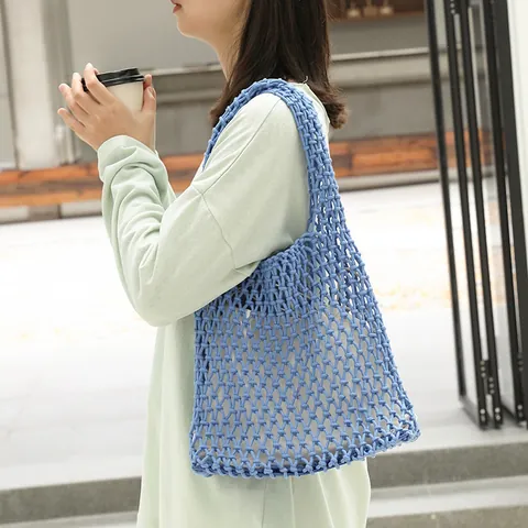 Women Casual Cotton Woven Hollow Underarm Bag Fashion Grid Messenger Shoulder Bag With Drawstring Inner Pouch Korean Style