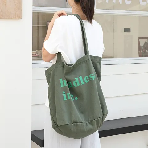 Korean Style Canvas Tote Bag Large Capacity Washed Old Bucket Shoulder Bag For Women Letter Print Daily Casual Handbag