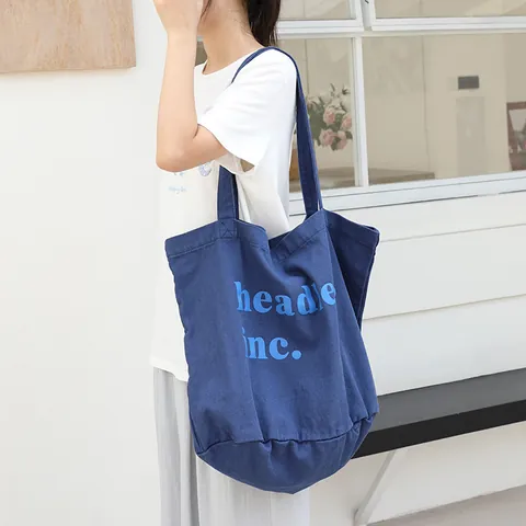 Korean Style Canvas Tote Bag Large Capacity Washed Old Bucket Shoulder Bag For Women Letter Print Daily Casual Handbag