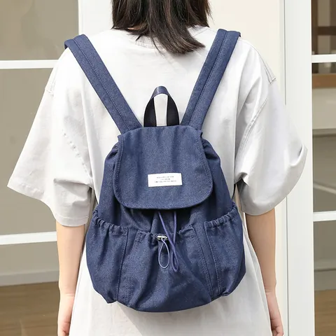 Mochila de Lona de Moda Estilo Coreano Vintage Denim Mochila Cordón Plisado Daypack para Mujer Escuela Viaje Mochila