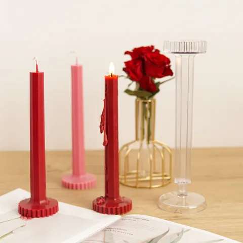 Geometric Octagon Striped Candle Mold Transparent Acrylic Plastic Candle Making Mold With Gear Base For DIY Handmade Pillar Candle Home Decor