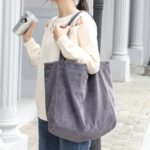 Japanese Retro Corduroy Tote Bag For Women Large Capacity Letter Embroidery Shoulder Bag Casual Literary Shopping Bag