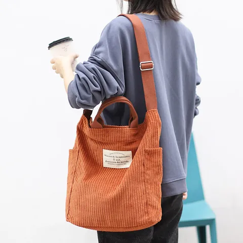 Vintage Corduroy Tote Bag For Women Retro Forest Style Large Capacity Shoulder Bag Simple Letter Patch Messenger Bag For Students Casual Daily Handbag